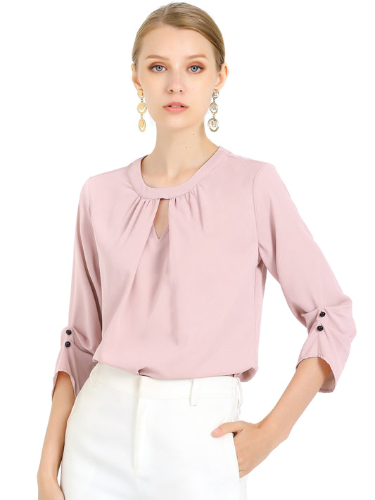 Women's Dressy Work Office Keyhole Pleated Front Ruched 3/4 Sleeve Chiffon Shirt (Available in Plus Size)