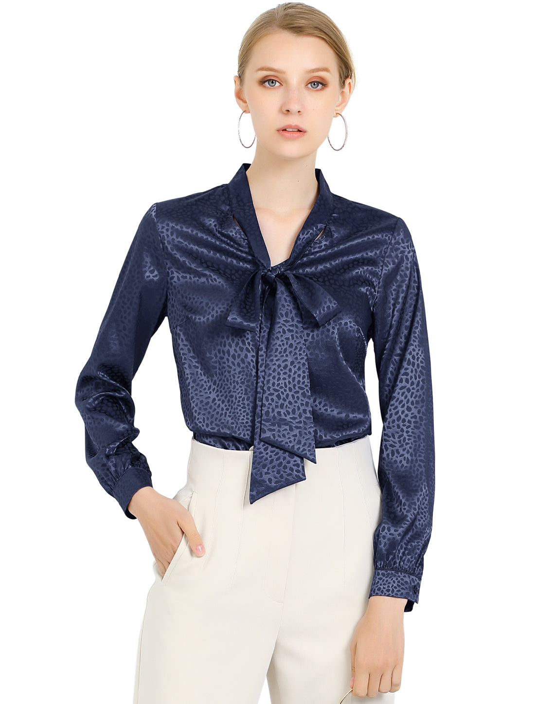 Women's Bow Tie Neck Long Sleeve Printed Satin Embossed Blouse