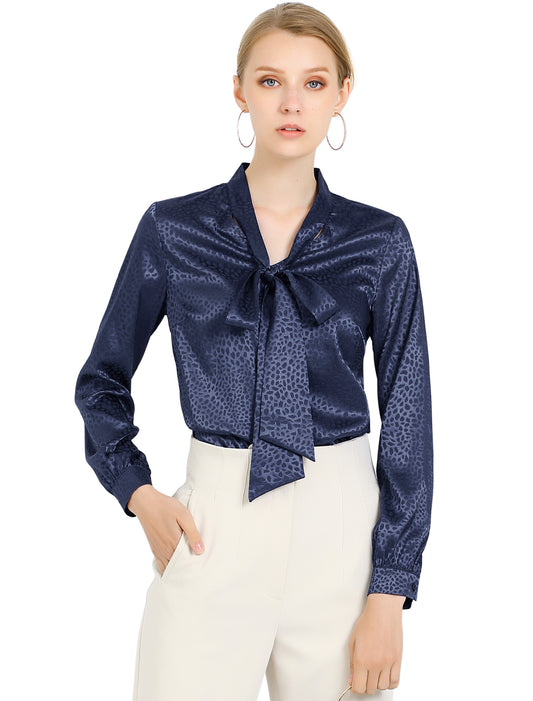 Women's Bow Tie Neck Long Sleeve Printed Satin Embossed Blouse