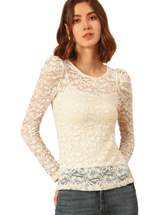 Women's Lace Embroidery Semi Sheer Vintage Puff Sleeve Top (Available in Plus Size)