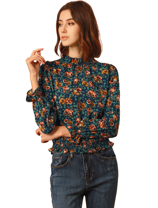Women's Ruffled Floral Printed Vintage Collared Smocked Waist Blouse