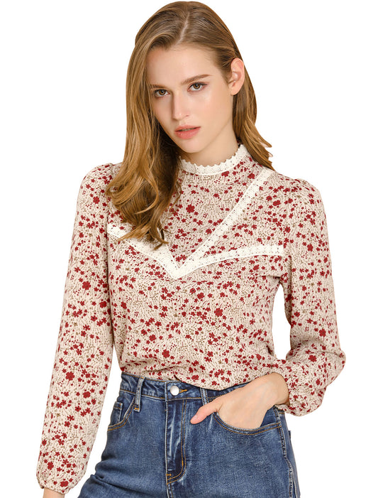 Women's Lace Trim Stand Collar Long Sleeves Floral Blouse Top