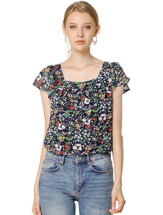 Women's Floral Blouse Summer Casual Square Neck Chiffon Short Sleeve Ruffle Top (Available in Plus Size)
