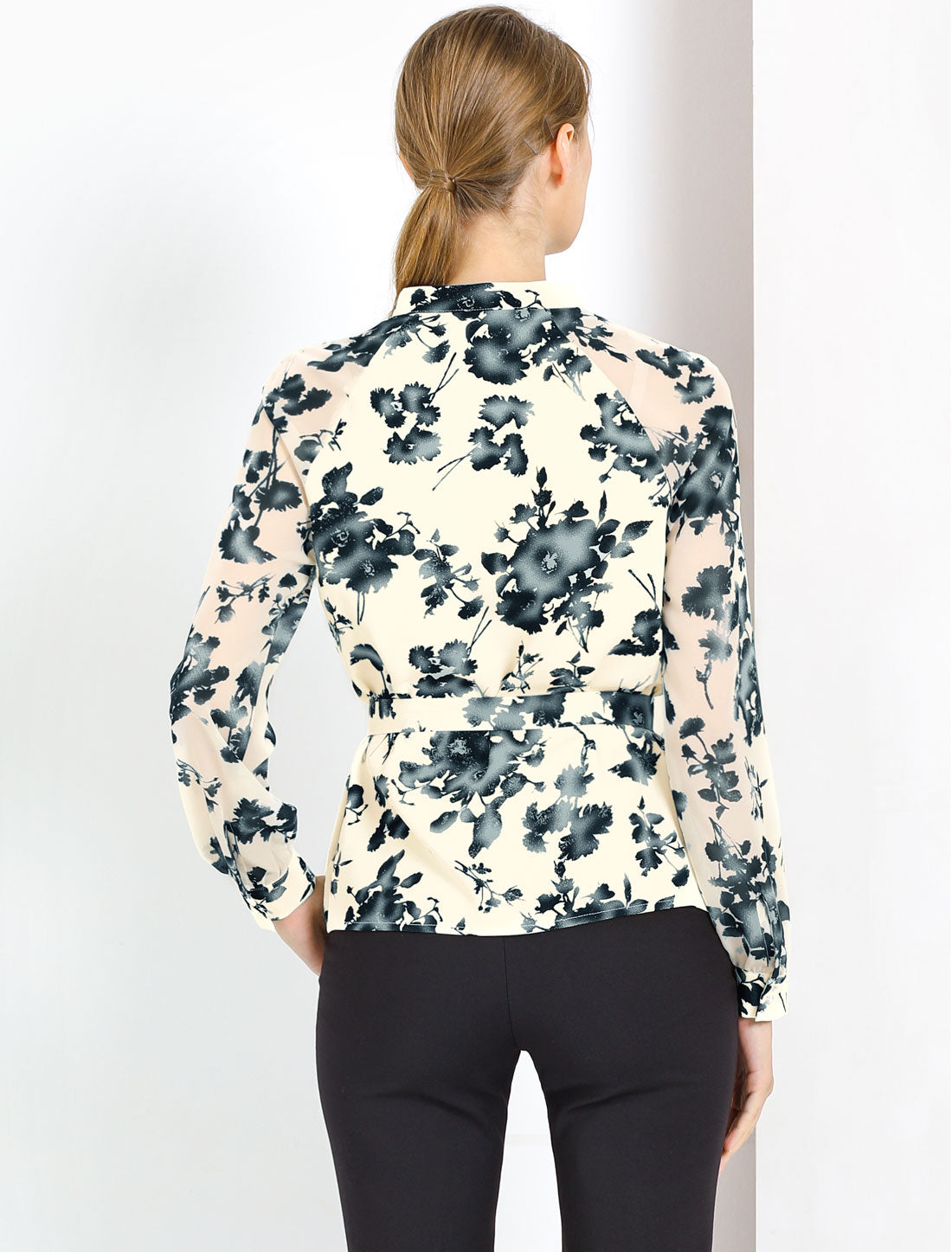 Women's Elegant Long Raglan Sleeve Collared Floral Peplum Top