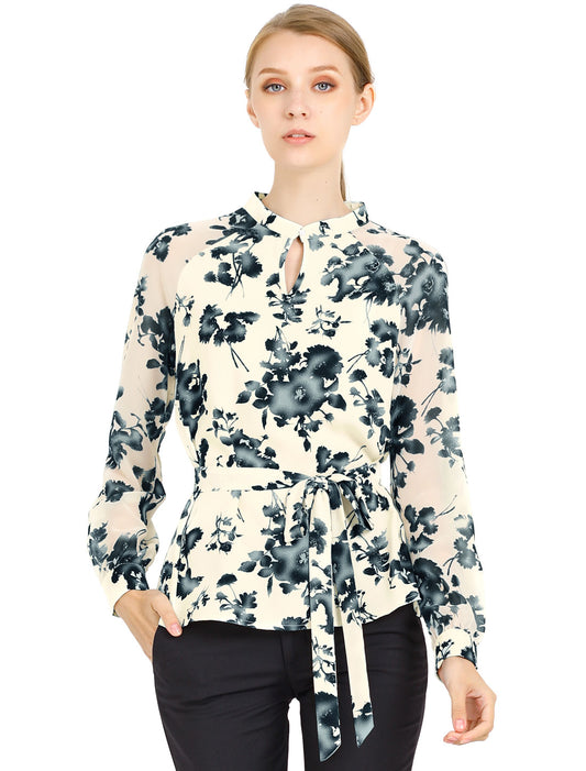 Women's Elegant Long Raglan Sleeve Collared Floral Peplum Top