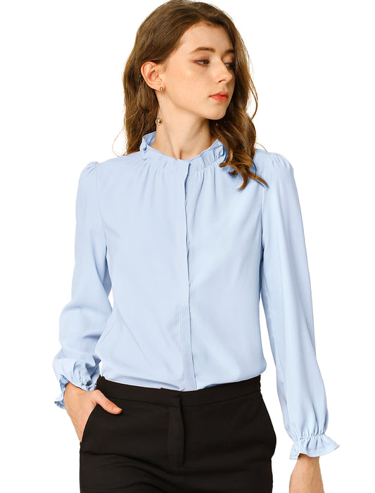 Women's Elegant Ruffled Collar Long Sleeve Chiffon Button Down Blouse Shirt (Available in Plus Size)