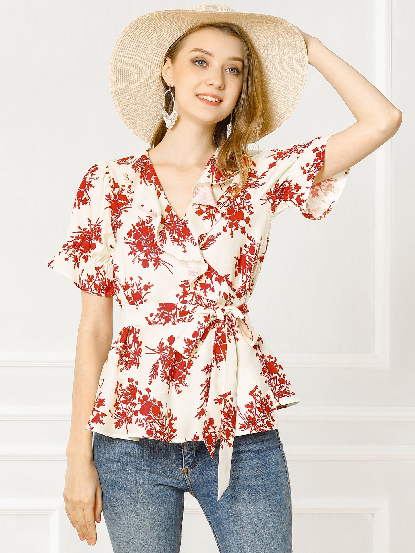 Women's Wrap Blouse Floral Short Sleeve Ruffle V Neck Belted Peplum Top