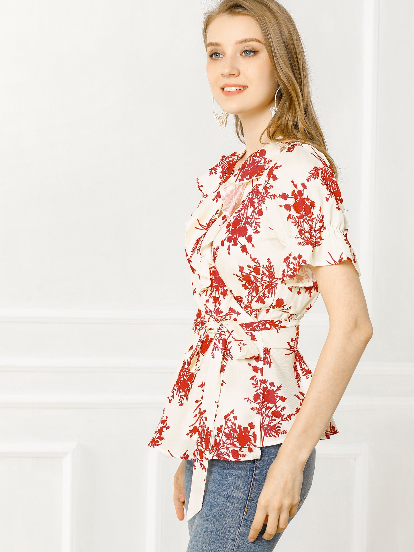 Women's Wrap Blouse Floral Short Sleeve Ruffle V Neck Belted Peplum Top