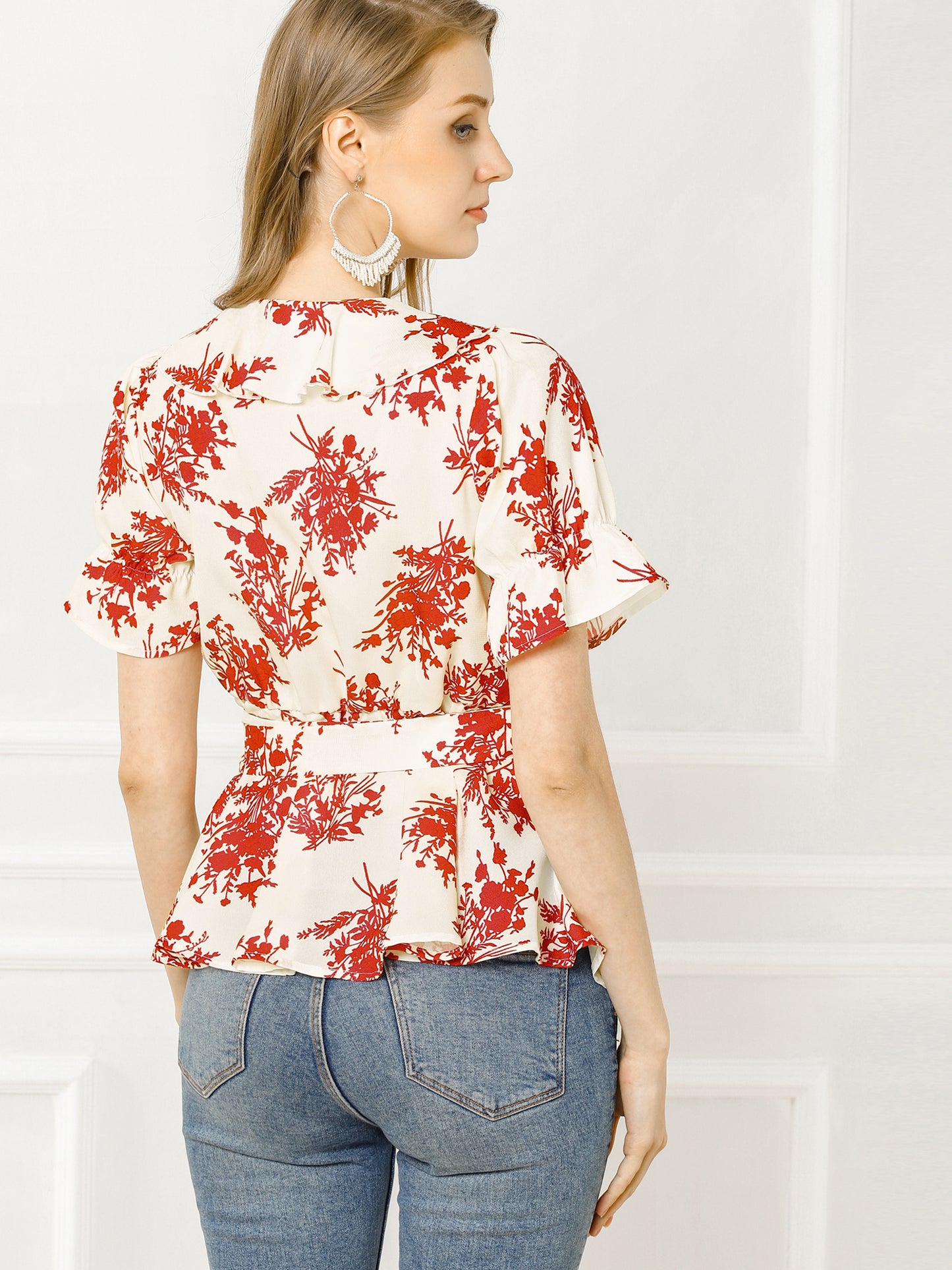 Women's Wrap Blouse Floral Short Sleeve Ruffle V Neck Belted Peplum Top
