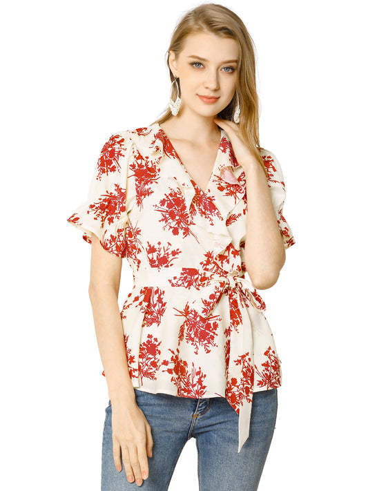 Women's Wrap Blouse Floral Short Sleeve Ruffle V Neck Belted Peplum Top