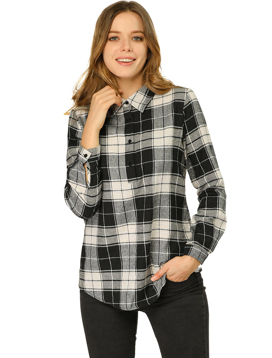 Women's Plaid Shirt Point Collar Roll Up Long Sleeve Top