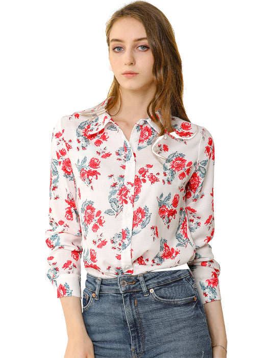 Women's Button Down Floral Long Sleeve Point Collar Shirt Top