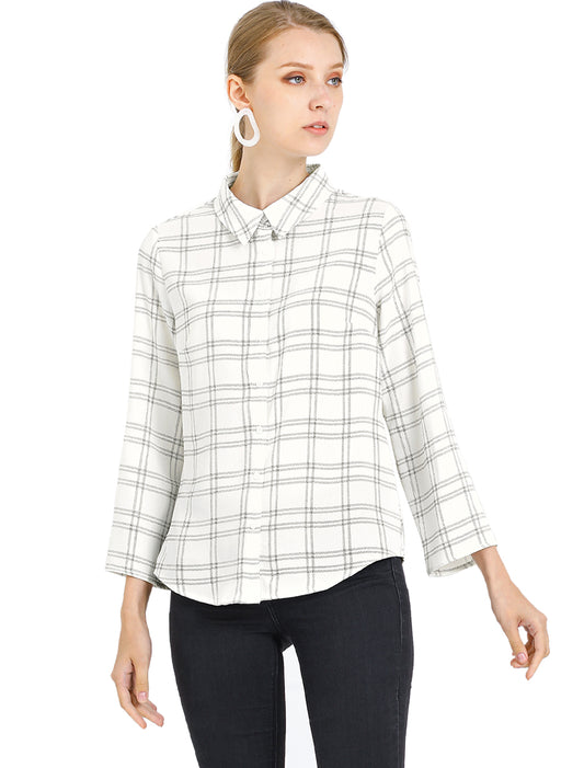 Women's Roll Up Sleeve Collared Button Up Plaid Shirt
