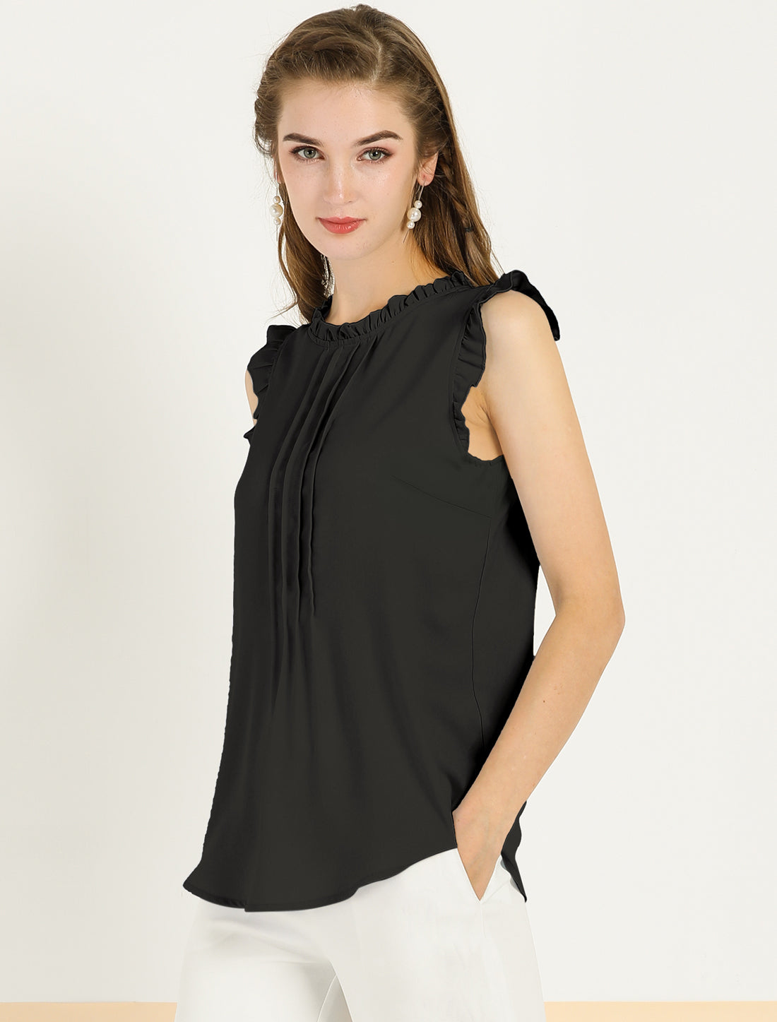 Blusa informal de negocios sin mangas con volantes para mujer (disponible en tallas grandes)