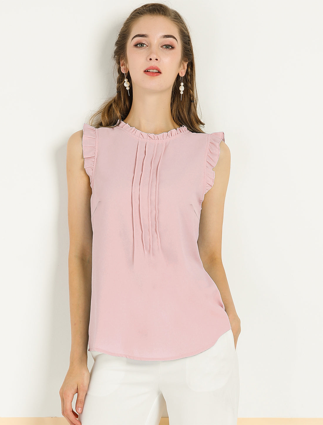 Women's Business Casual Sleeveless Ruffle Blouse Top