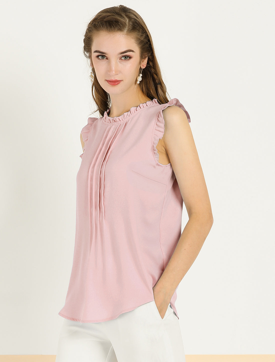 Women's Business Casual Sleeveless Ruffle Blouse Top