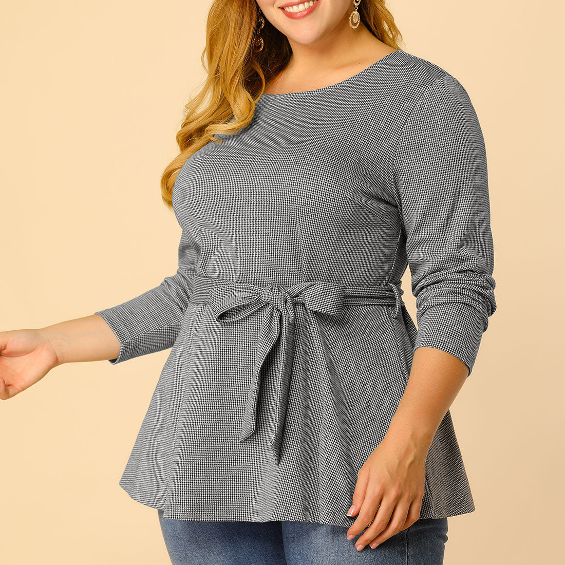 Women's Plus Size Peplum Top Belted Tie Houndstooth Blouse Long Sleeve Tunic