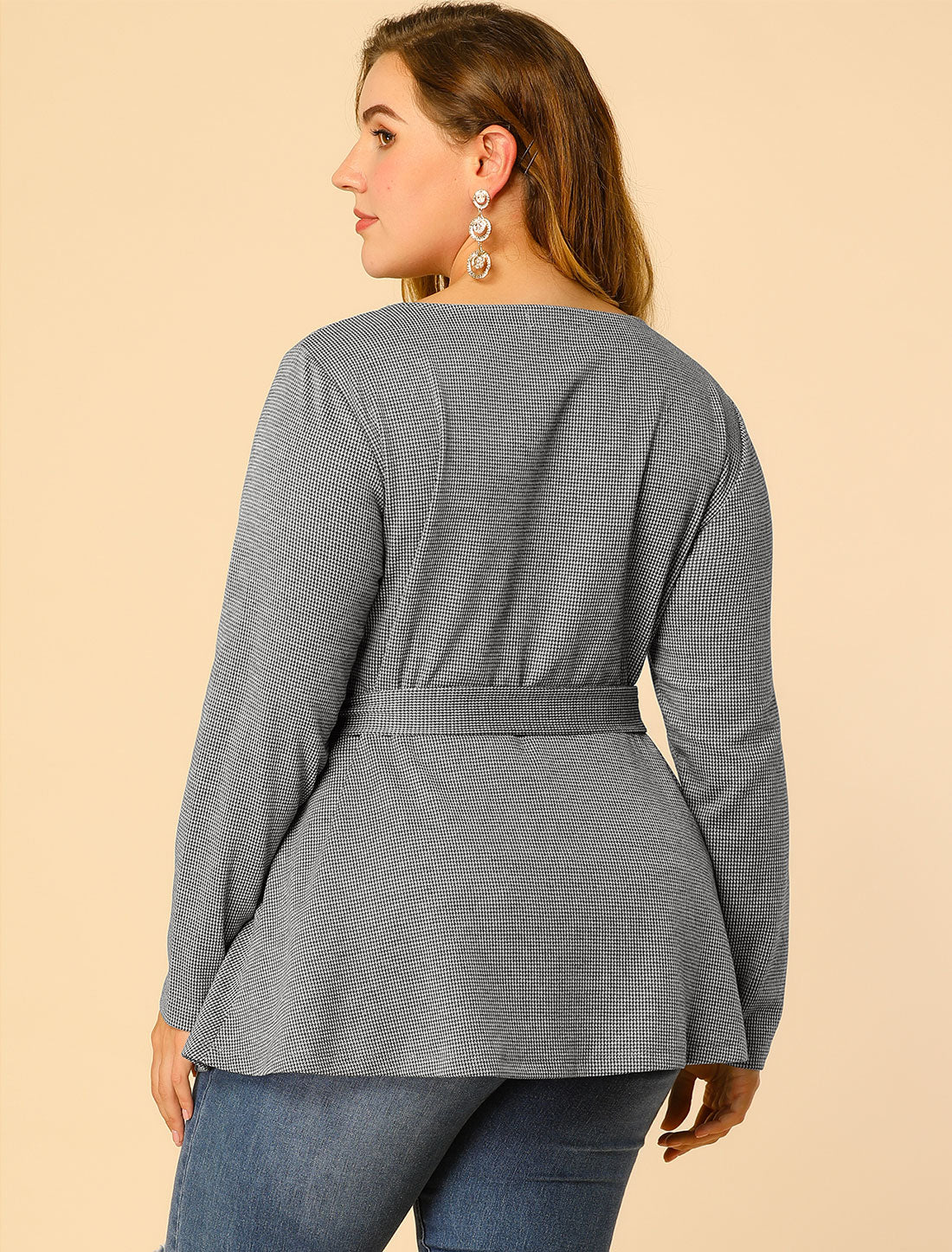 Women's Plus Size Peplum Top Belted Tie Houndstooth Blouse Long Sleeve Tunic
