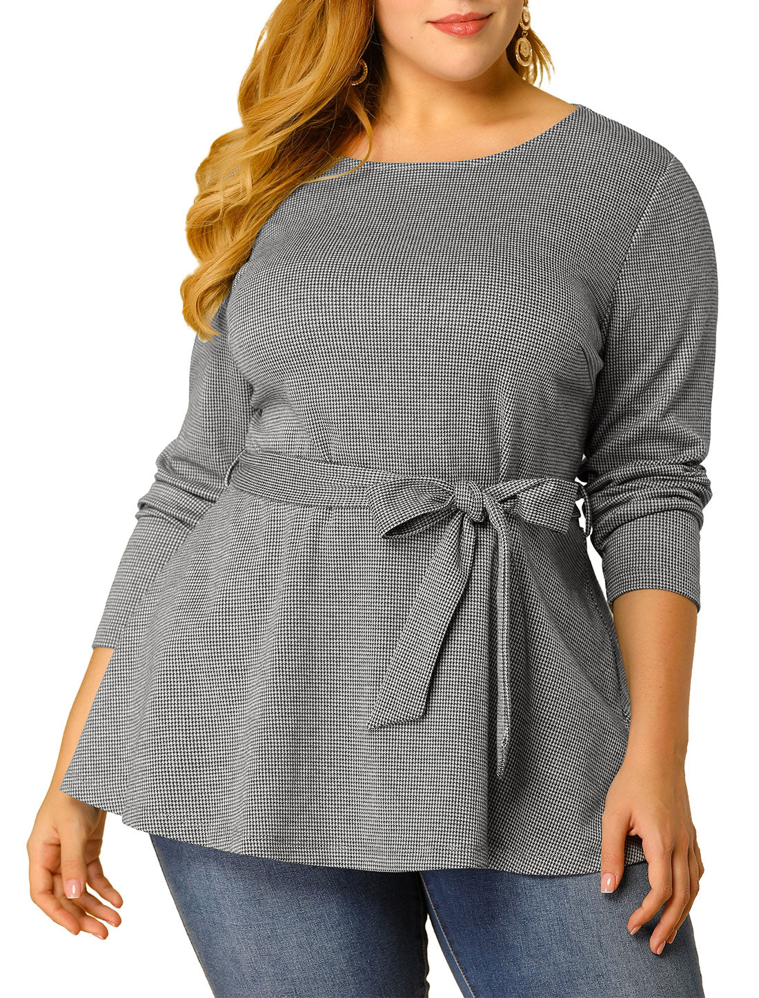 Women's Plus Size Peplum Top Belted Tie Houndstooth Blouse Long Sleeve Tunic