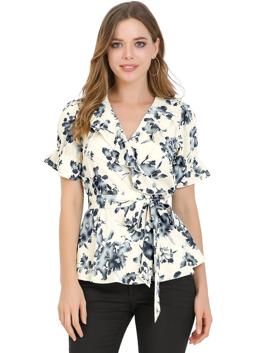 Blusa cruzada floral para mujer, manga corta, cuello en V con volantes y cinturón, peplum (disponible en tallas grandes)