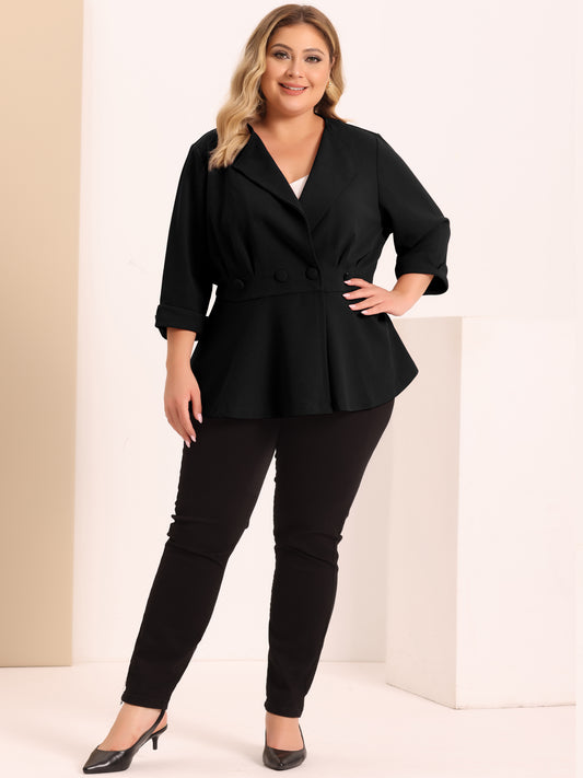 Women's Plus Size Casual Work Office Blazers Notched Lapel Button Peplum Blazer
