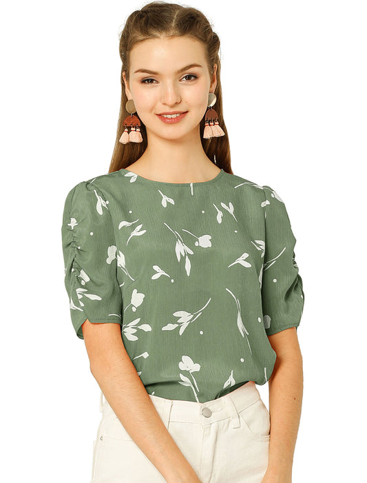 Women's Floral Crew Neck Summer Shirred Short Sleeve Blouse