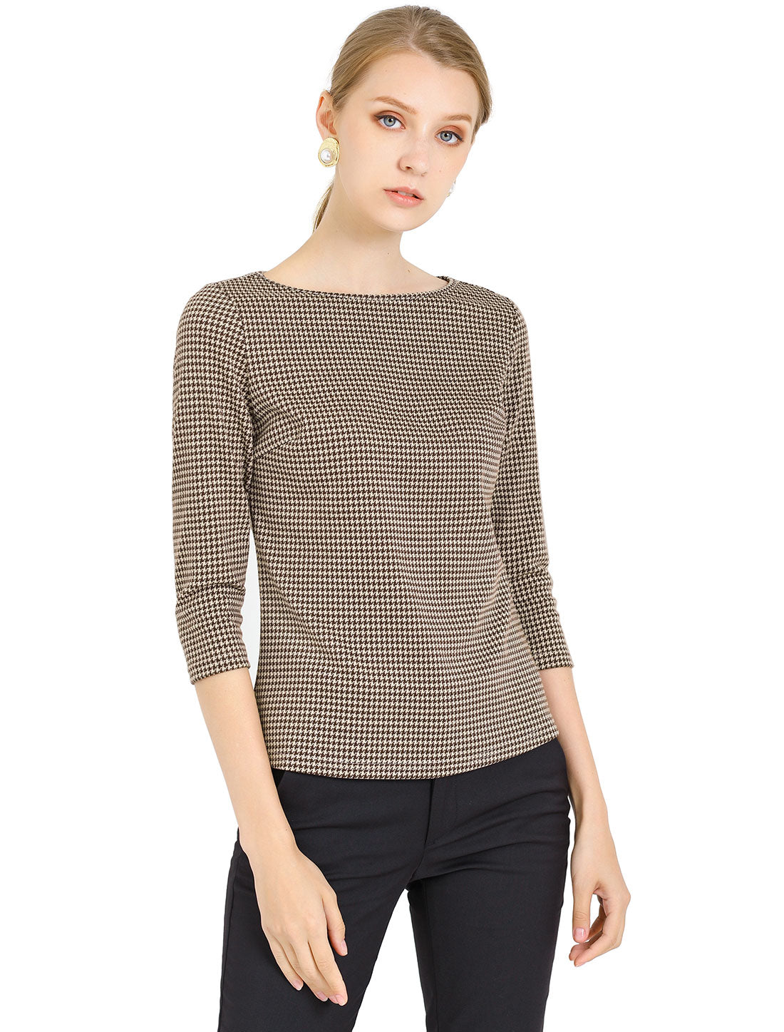 Women Houndstooth Plaid Boat Neck 3/4 Sleeve Blouse Fall Outfits