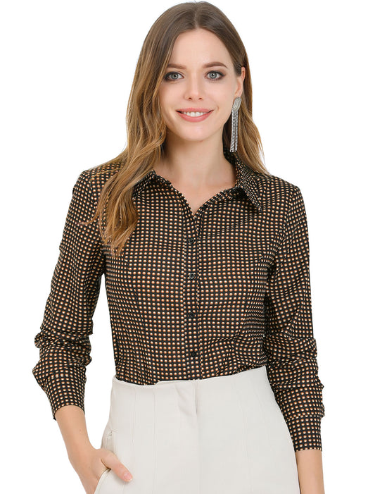 Women's Office Work Point Collar Polka Dots Printed Button Down Shirt