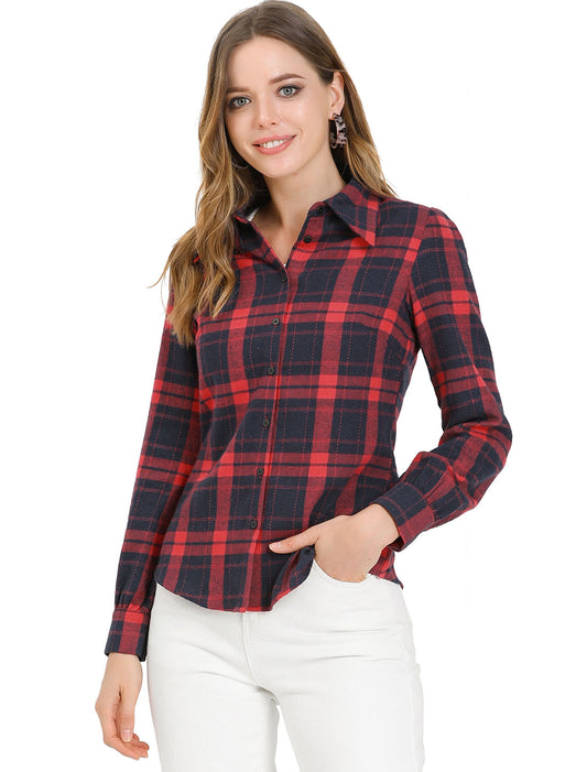 Women's Classic Long Sleeve Button Down Collared Casual Plaid Shirt