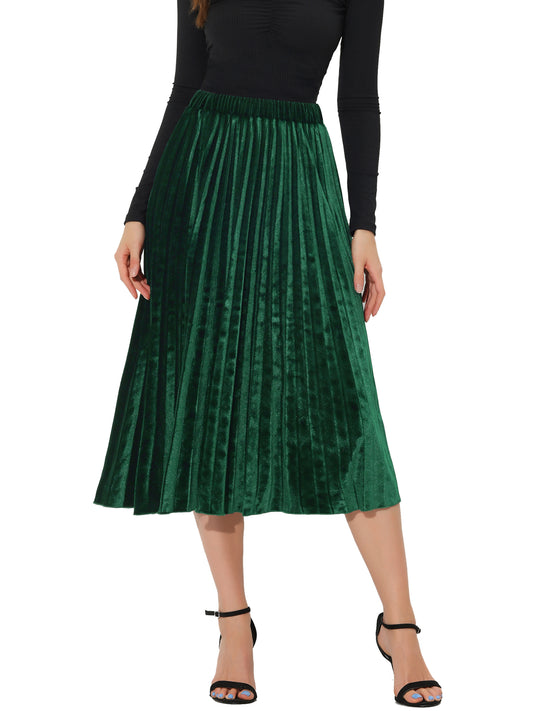 Women's Fall Winter Elastic High Waist Flowy Swing Holiday Velvet Pleated Midi Skirt