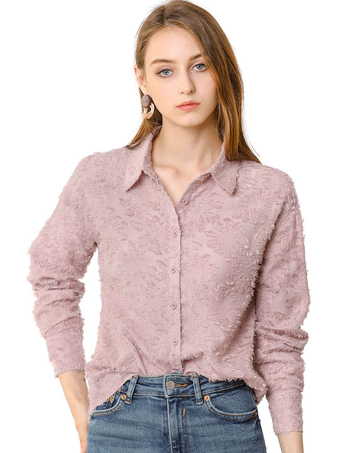 Women's Floral Textured Point Collar Button Down Shirt