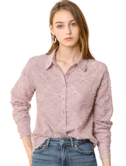 Women's Floral Textured Point Collar Button Down Shirt