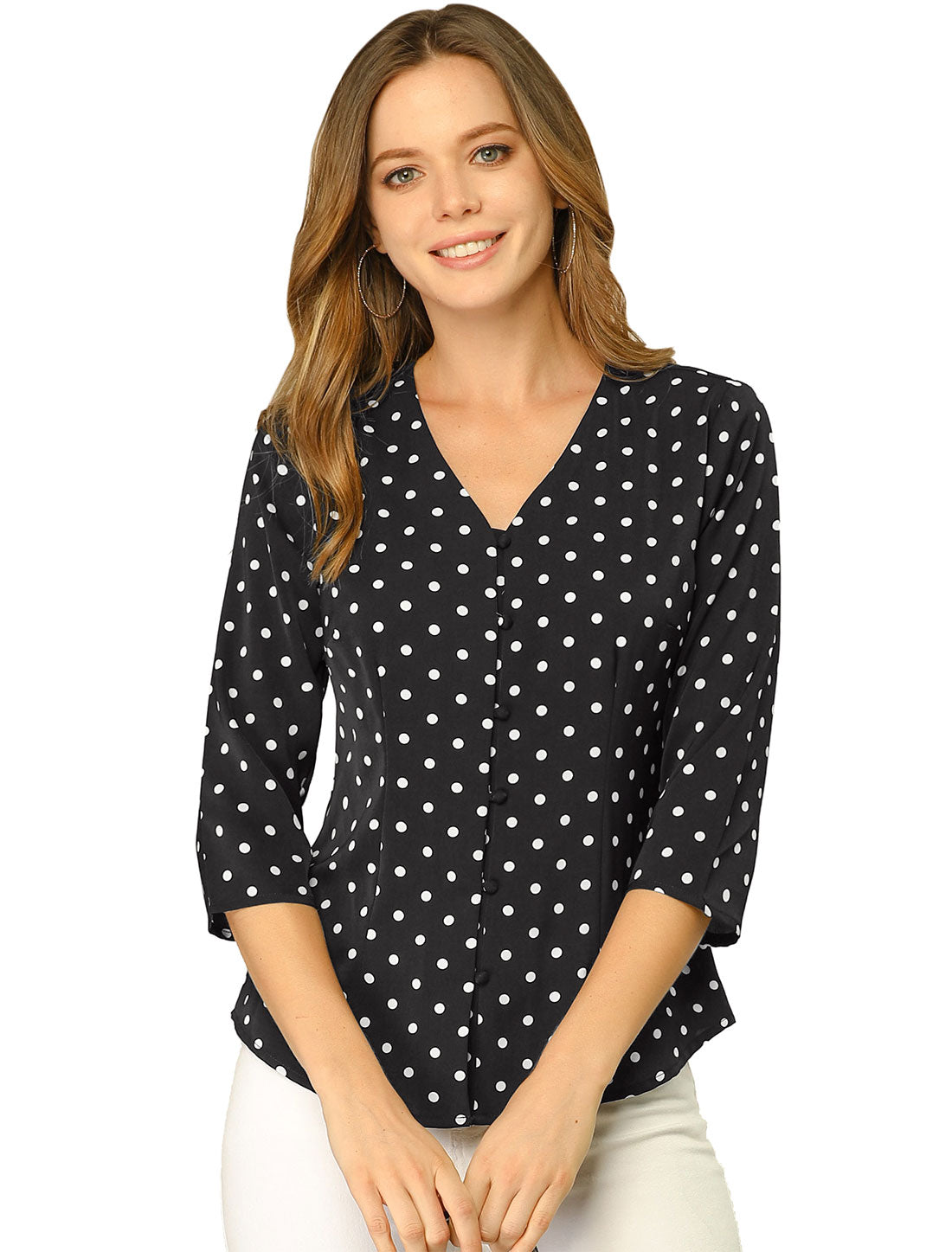 Women's Polka Dots 3/4 Sleeve Button Front V Neck Blouse Shirt (Available in Plus Size)