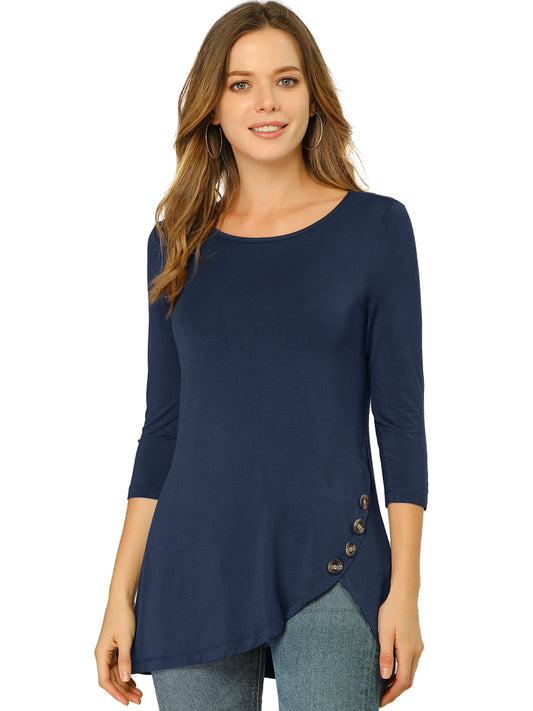 Women's Tunic T-shirt Loose Asymmetry Hem 3/4 Sleeve Round Neck Casual Basic Top (Available in Plus Size)