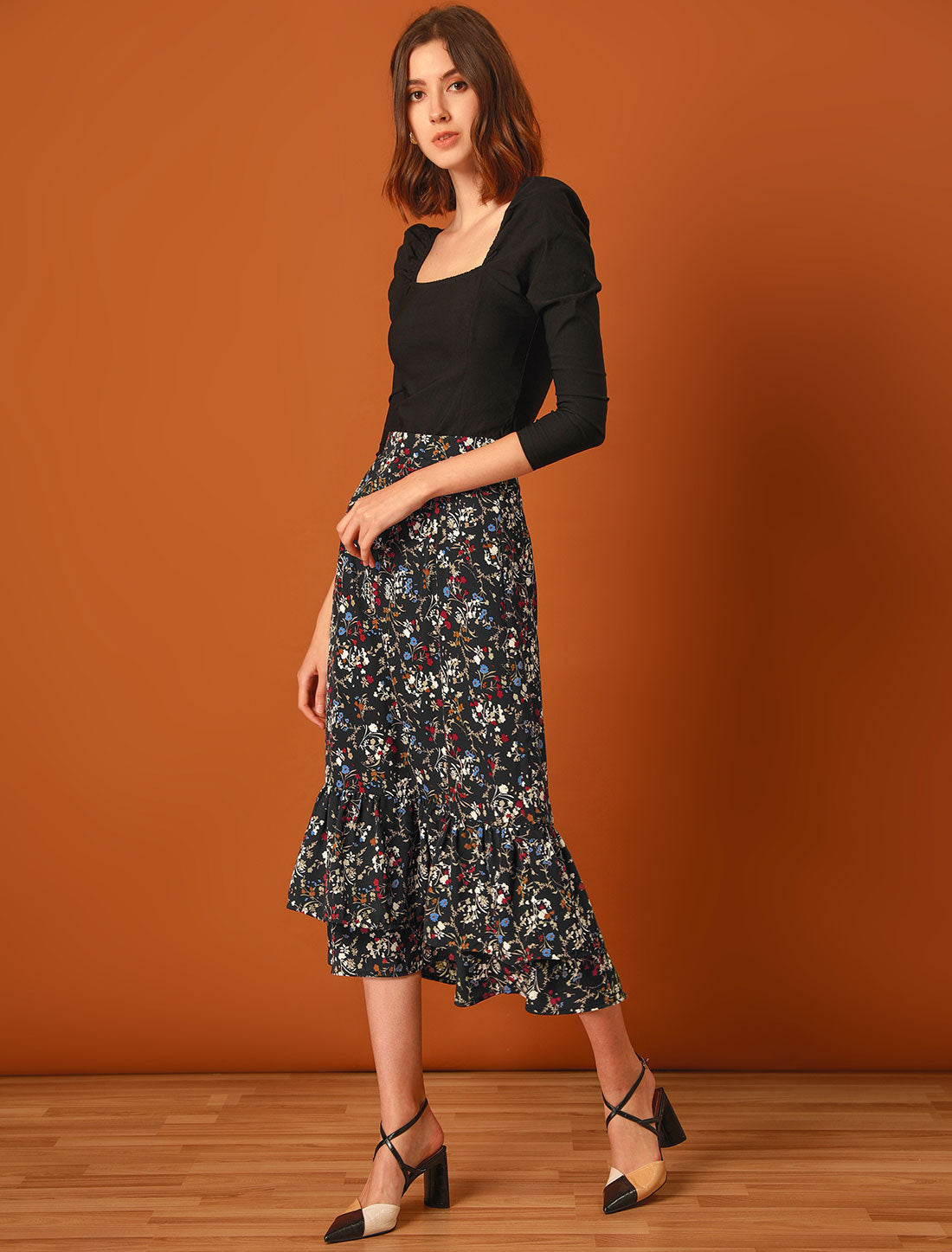 Women's Printed Skirt Summer Chiffon Ruffle Tiered Flowy Midi Skirt