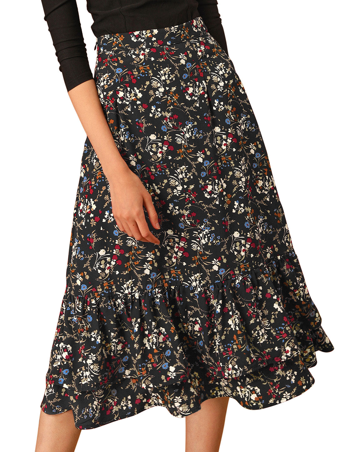 Women's Printed Skirt Summer Chiffon Ruffle Tiered Flowy Midi Skirt
