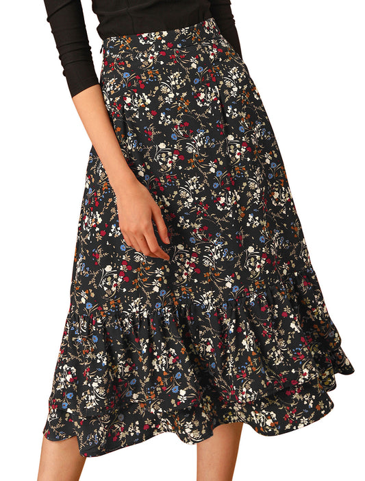 Women's Printed Skirt Summer Chiffon Ruffle Tiered Flowy Midi Skirt