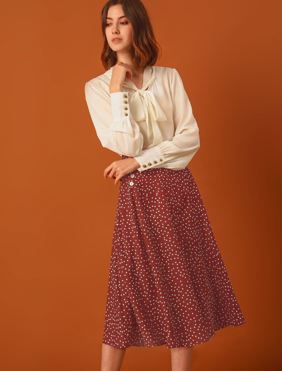Falda midi vintage de corte A con cintura elástica y lunares retro para mujer