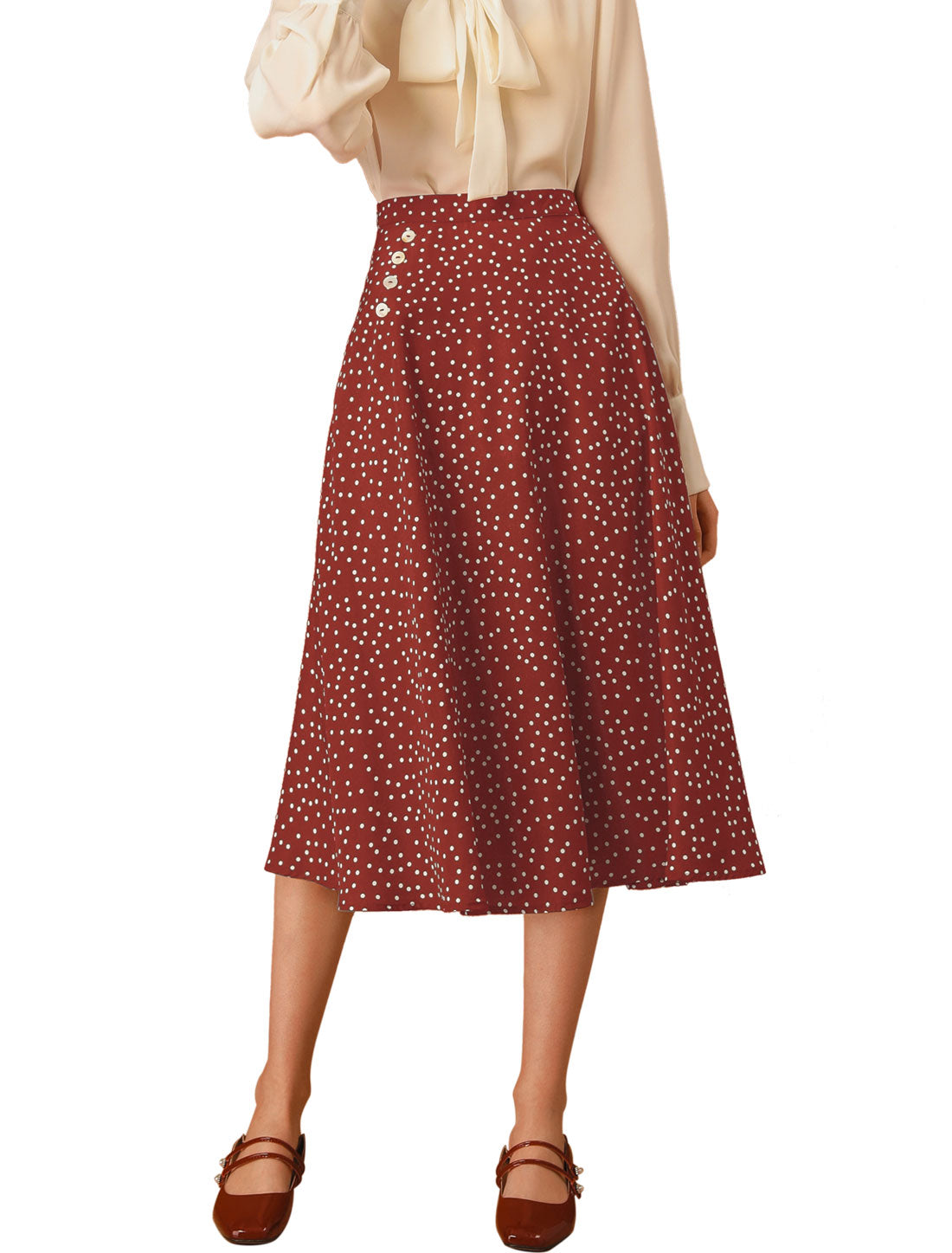 Falda midi vintage de corte A con cintura elástica y lunares retro para mujer