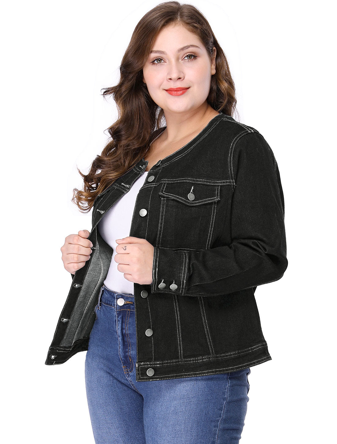 Women Plus Size Collarless Long Sleeve Button Down Jean Denim Jacket