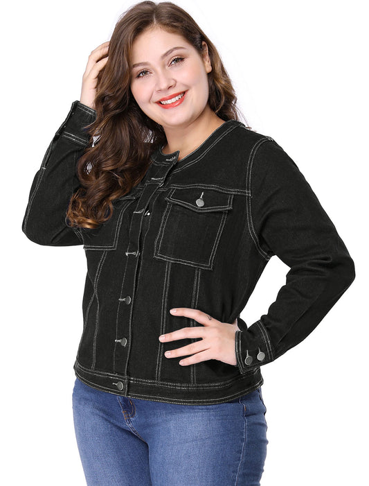 Women Plus Size Collarless Long Sleeve Button Down Jean Denim Jacket