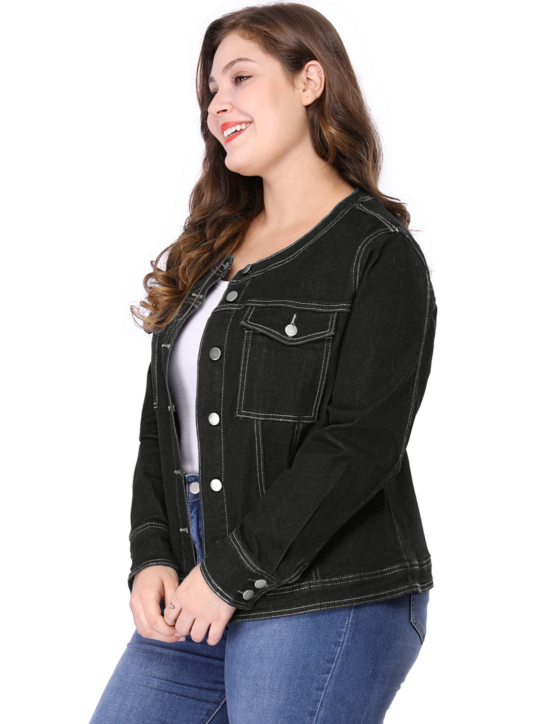 Women Plus Size Collarless Long Sleeve Button Down Jean Denim Jacket