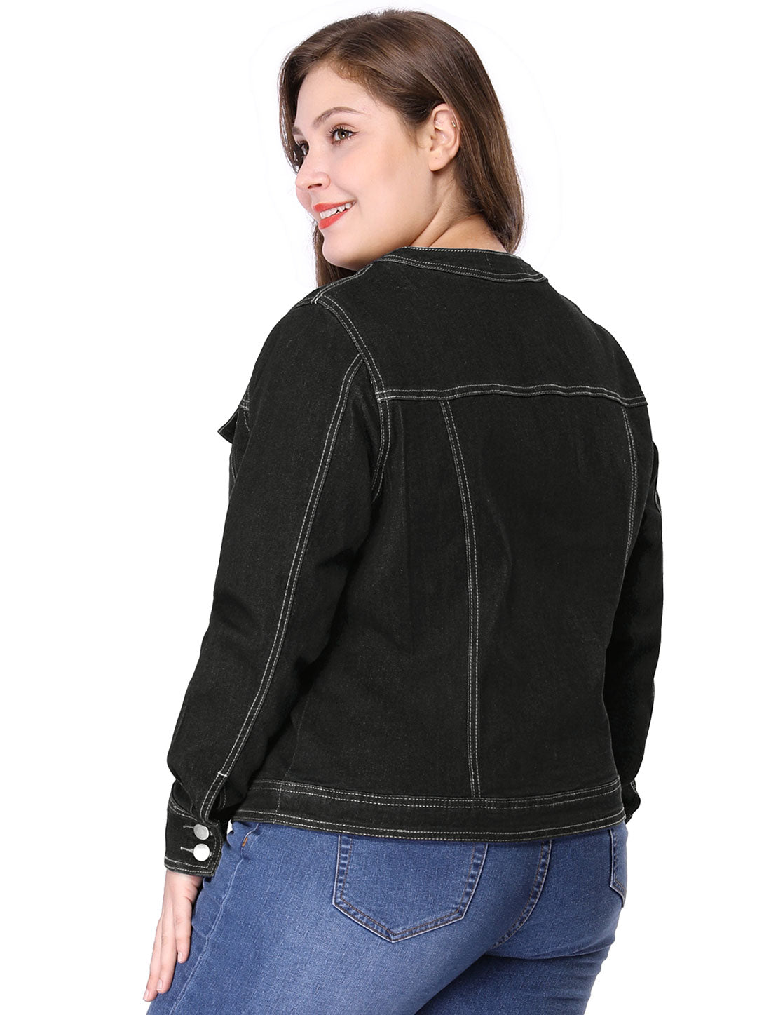 Women Plus Size Collarless Long Sleeve Button Down Jean Denim Jacket