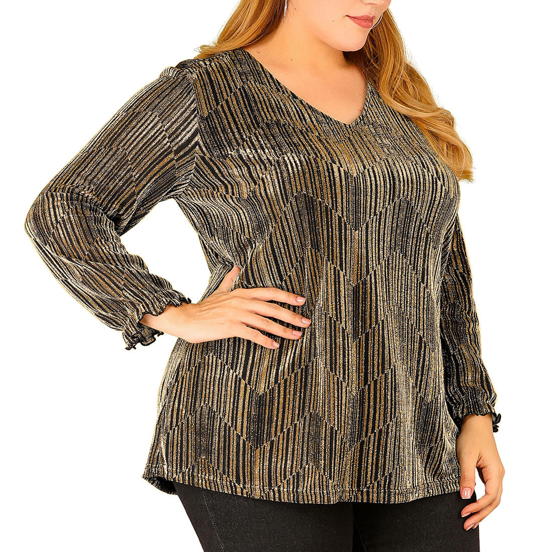 Women's Plus Size Metallic Party Glitter Long Sleeve Shiny Disco Sparkle Top