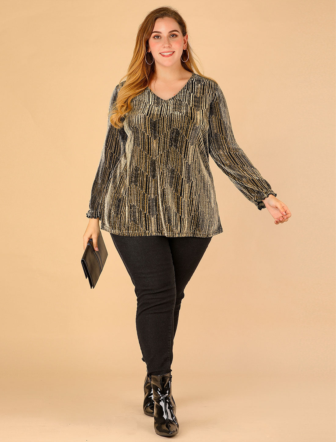 Women's Plus Size Metallic Party Glitter Long Sleeve Shiny Disco Sparkle Top