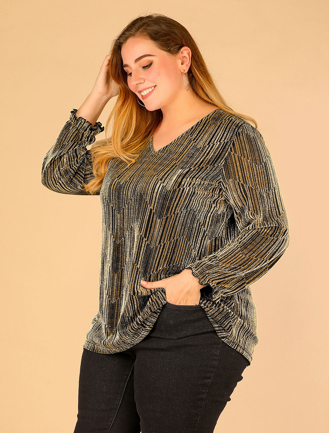 Women's Plus Size Metallic Party Glitter Long Sleeve Shiny Disco Sparkle Top