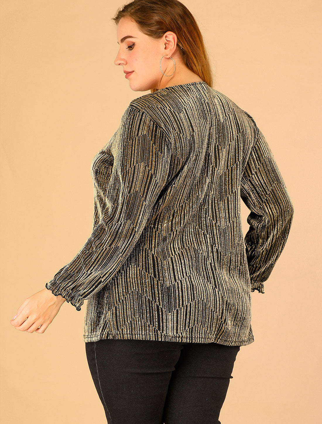 Women's Plus Size Metallic Party Glitter Long Sleeve Shiny Disco Sparkle Top