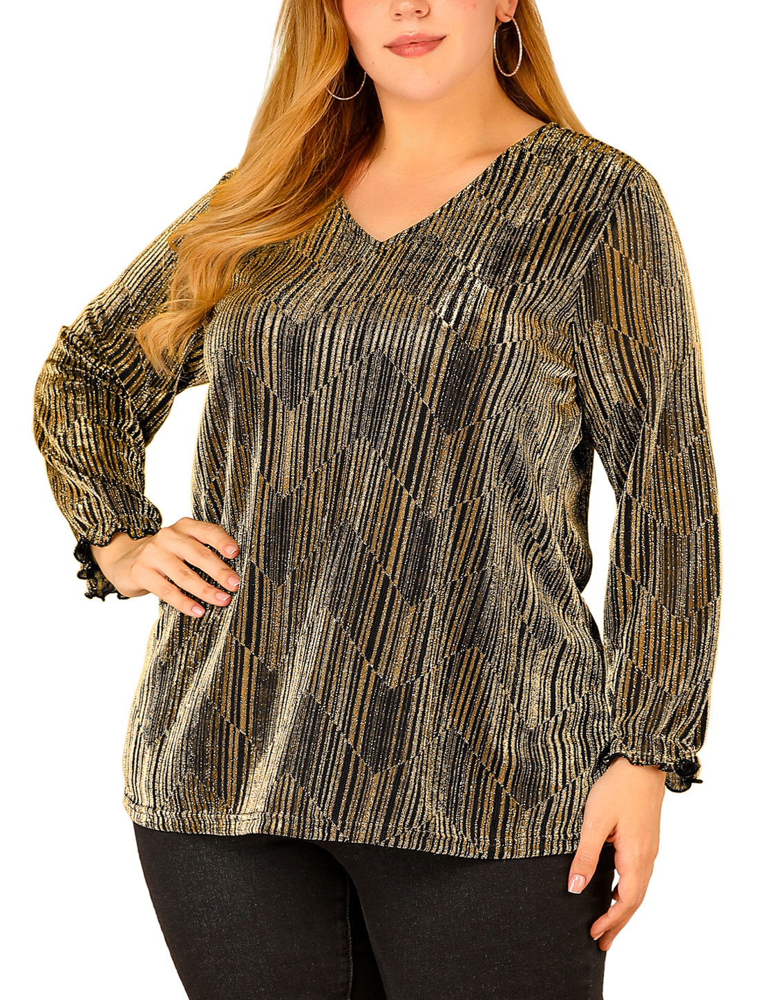 Women's Plus Size Metallic Party Glitter Long Sleeve Shiny Disco Sparkle Top