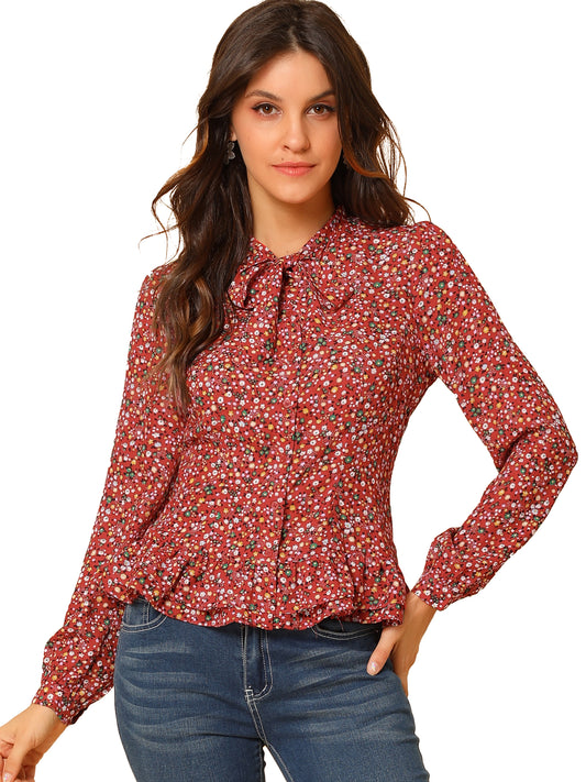 Women's Floral Blouse Bow Tie Neck Ruffle Hem Button Down Shirt