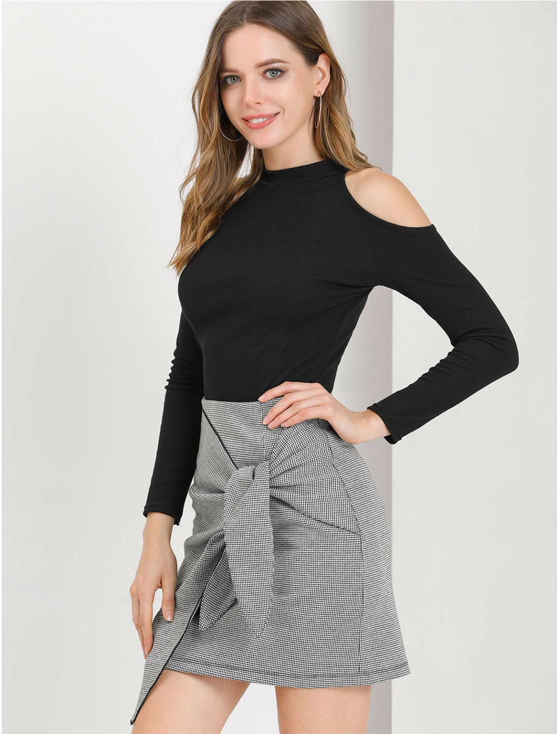 Falda mini de pata de gallo para mujer, de punto alto, estilo lápiz, cruzada con lazo en la cintura para oficina